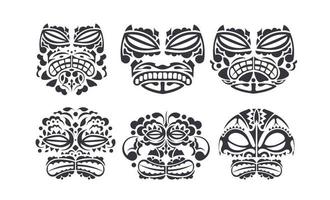 grande conjunto de máscaras com padrão da cultura maori e polinésia. rosto estilo de tatuagem polinésia tribal. feito à mão. ilustração vetorial. vetor