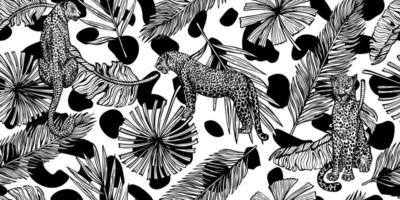 padrão sem emenda da vida selvagem de savana. leopardo vintage e folhas de palmeira, banana em estilo de gravura.