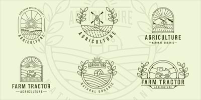 conjunto de agricultura trator agrícola linha arte logotipo ilustração vetorial modelo ícone design gráfico. coleção de pacotes de várias paisagens com distintivo de tipografia vetor