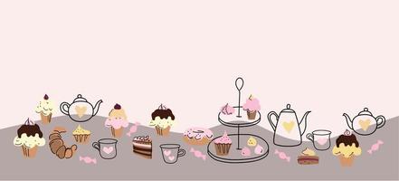 banner de chá da tarde com bolos, desenho vetorial desenhado à mão doodle. vetor