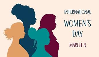 cartão de felicitações do dia internacional da mulher 8 de março. grupo de mulheres mulheres de diferentes etnias e culturas juntos. silhuetas femininas. ilustração vetorial plana vetor