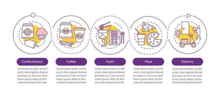 modelo de infográfico de vetor de entrega de alimentos. confeitaria, café, sushi e entrega de pizzas. visualização de dados com cinco etapas e opções. gráfico de linha do tempo do processo. layout de fluxo de trabalho