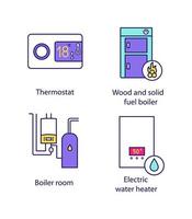 conjunto de ícones de cores de aquecimento. termostato digital, caldeira de combustível sólido, sala de caldeiras, aquecedor elétrico de água. ilustrações vetoriais isoladas vetor