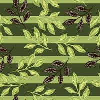 padrão sem emenda de vegetação aleatória com ornamento de ramos de folhas aleatórias. fundo listrado verde. vetor