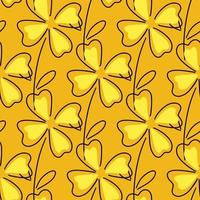 natureza sem costura doodle padrão com ornamento amarelo trevo de quatro folhas. fundo laranja. impressão de rabiscos. vetor