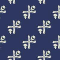 contraste padrão perfeito com crânios de pirata simples e silhuetas de ossos. impressão de horror com fundo azul marinho. vetor