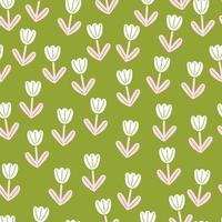 aleatório pequeno padrão sem emenda de flores de tulipa no estilo doodle. fundo verde. cenário de natureza primavera. vetor