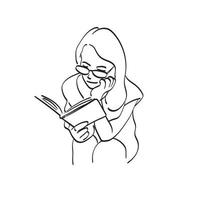 mulher de arte de linha com óculos lendo ilustração de livro vetorial desenhada à mão isolada no fundo branco vetor
