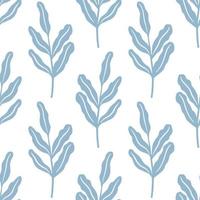 isolado padrão sem emenda com doodle folha simples ramos ornamento azul sobre fundo branco. vetor