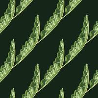padrão sem costura diagonal verde com impressão de folhas de bananeira. fundo preto. doodle pano de fundo abstrato. vetor