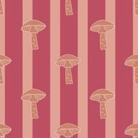 laranja com contornos cogumelos ornamento sem costura doodle padrão. fundo listrado rosa. impressão da floresta. vetor