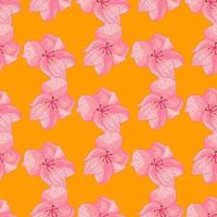padrão sem costura botânico vintage com silhuetas de contorno de flores cor de rosa aleatórias. fundo laranja brilhante. vetor
