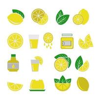 conjunto de limões em estilo simples, fatias, fatias e inteiras, comida de limão na forma de suco, limonada, geléia e geléia, conjunto de ícones para design vetor