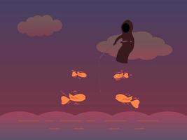 homem misterioso pescando peixes voando acima das nuvens vetor