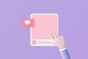 Conceito de plataforma on-line de mídia social 3d, comunicação social on-line em aplicativos, moldura com ícone de emoji de mão e amor, como e jogar em ícones 3d de bolha vermelha. conceito de renderização de vetor 3D