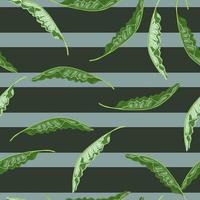 padrão sem emenda havaiano com impressão de folhagem de palmeira aleatória verde doodle. fundo listrado cinza e azul. vetor