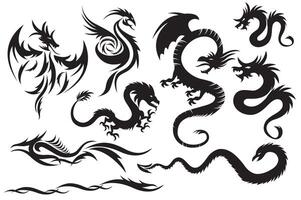 Dragões tribais. Conjunto dos dragões chineses, tatuagem tribal vetor