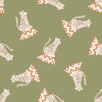 padrão de doodle sem costura aleatório com ornamento de silhuetas de tigre de luz. fundo verde-oliva. vetor