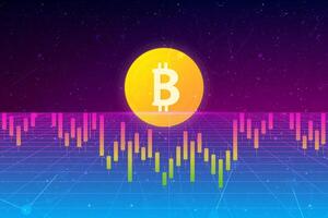 Fundo de Bitcoin. gráfico financeiro, moeda de bitcoin, fundo futurista com gráficos de crescimento