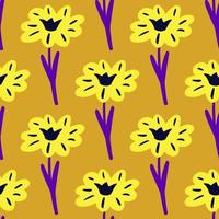 sem costura padrão com mão desenhando flores silvestres em fundo amarelo brilhante. modelo floral de vetor em estilo doodle. textura botânica de verão suave