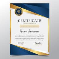 Molde do certificado com projeto elegante dourado e azul luxuoso, graduação do projeto do diploma, concessão, sucesso. Ilustração do vetor. vetor