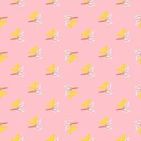 padrão de doodle sem costura brilhante com silhuetas de pássaros amarelos em galhos. fundo pastel rosa. vetor
