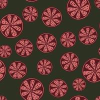 padrão sem emenda de formas cítricas vintage rosa aleatório. fundo verde escuro. pano de fundo de comida desenhada de mão. vetor