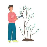 jardinagem na fazenda. um jovem trabalha no jardim, um agricultor corta uma árvore. ilustração em vetor plana dos desenhos animados.