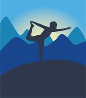 ioga ao nascer do sol com montanhas ao fundo. natarajasana asana. silhueta de uma pessoa praticando ioga. dia internacional da ioga em 21 de junho. ilustração vetorial vetor