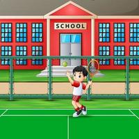 menino feliz jogando tênis na quadra da escola vetor