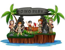 os meninos e meninas exploradores na ilha dos dinossauros vetor