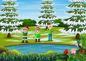 desenho animado os meninos brincando na floresta de inverno vetor