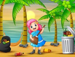 linda garota dos desenhos animados, limpando o lixo espalhado pela praia vetor