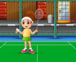 linda garota jogando badminton na quadra vetor