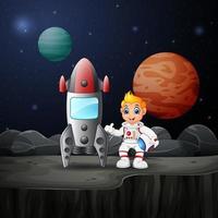 menino de astronauta dos desenhos animados segurando uma nave espacial capacete e foguete vetor