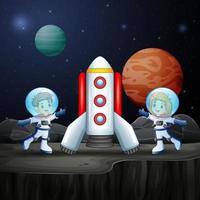 desenhos animados duas crianças astronautas exploram o espaço vetor