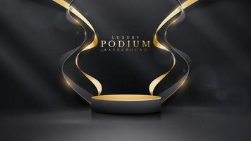 pódio do produto e elementos de fita dourada com decorações de iluminação e bokeh. fundo preto de luxo. vetor