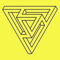 triângulo impossível. forma de design de linha. isolado em um fundo amarelo. ilustração vetorial. objetos de ilusão de ótica. arte óptica. figuras geométricas irreais. vetor