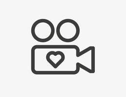 câmera de vídeo com ícone de vetor de linha de coração isolado no fundo branco. símbolo de câmera de amor