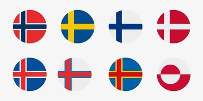 Conjunto de ícones de vetor de bandeira de países escandinavos. bandeiras da europa nórdica em forma de círculo. Noruega, Suécia, Finlândia, Dinamarca, Islândia, Ilhas Faroé, Ilhas Aland, Groenlândia