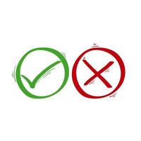 símbolo de carrapato verde desenhado à mão e sinal da cruz vermelha em círculo. ícones para teste de avaliação. vetor. rabisco vetor