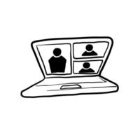 videoconferência desenhada à mão com laptop para reunião ou ilustração de aprendizado online. vetor de rabiscos