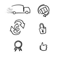crachás de segurança de comércio eletrônico desenhados à mão ícones de compras sem risco conjunto doodle vetor