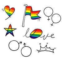 orgulho desenhado à mão, amor, com símbolo de arco-íris para slogan gay e direitos lgbt. vetor de rabiscos