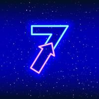 número 7 e ícone de sinal de seta na cor azul neon e rosa. seta numeral sete de estrelas do espaço. design de dígito linear neon. ícone de néon realista. ícone linear sobre fundo azul. vetor