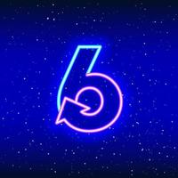 número 6 e ícone de sinal de seta na cor azul neon e rosa. numeral seis com setas de estrelas espaciais. design de dígito linear neon. ícone de néon realista. ícone linear sobre fundo azul. vetor
