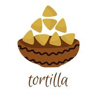 chips de tortilha em um prato marrom. comida mexicana. ilustração vetorial, no estilo de desenho à mão. vetor