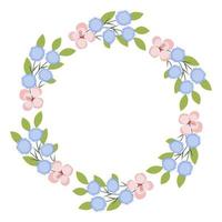coroa de flores. ilustração vetorial. flores rosa pálidas e azuis, folhas verdes. design para convites e cartões. vetor