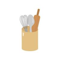 utensílios de cozinha, batedor, colher, rolo em um copo. ilustração vetorial em um estilo simples de desenho animado. para cartões postais, rótulos, design, banners, publicidade vetor