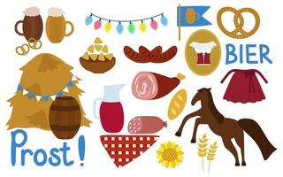 oktoberfest, um conjunto de elementos vetoriais para decoração de férias ou design. frases em alemão. cerveja, salsicha, joelho de porco, guirlandas, cavalo, pretzel. vetor